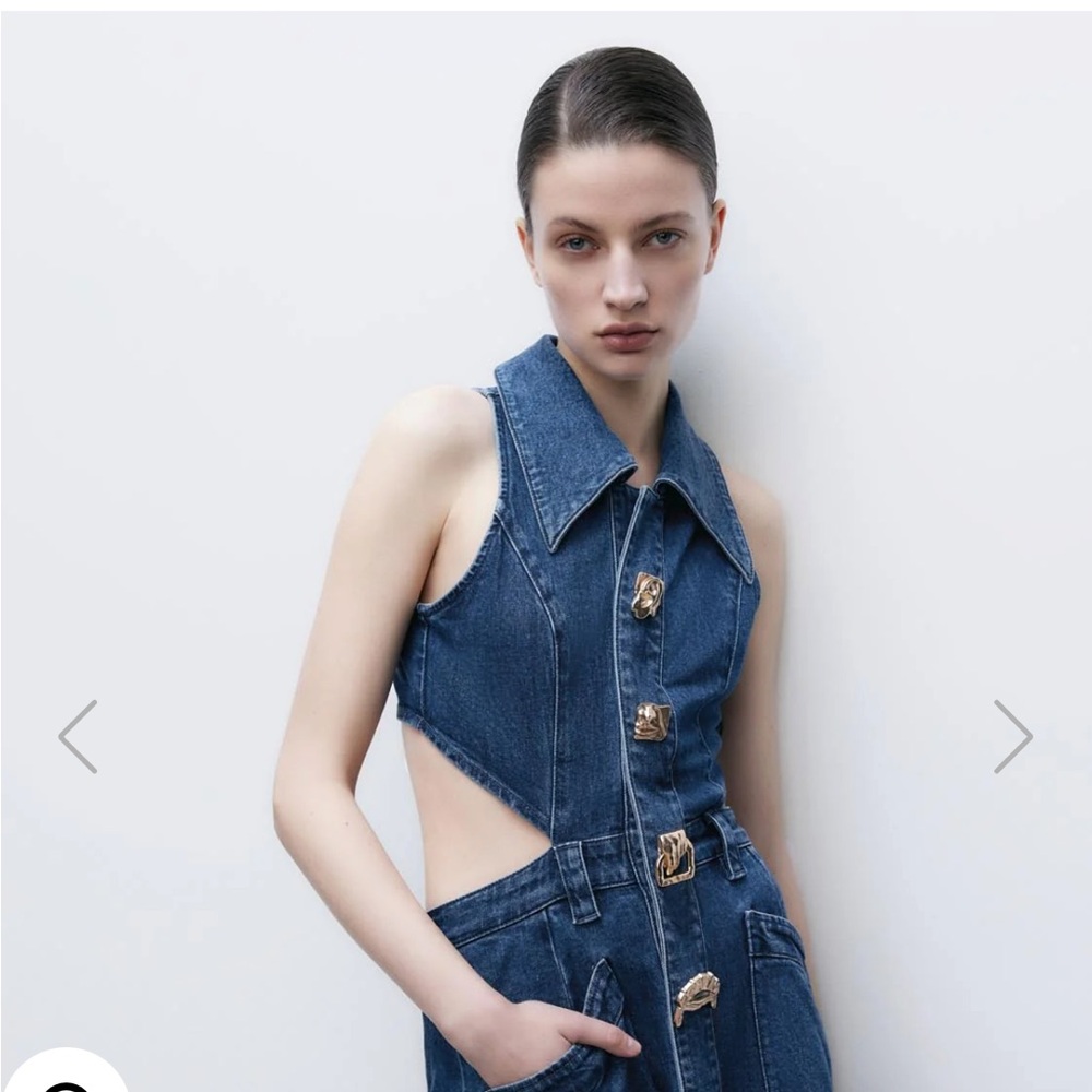 Denim Maxi Dress with Cutouts and Front Slit - Blue - Picture 2 of 9